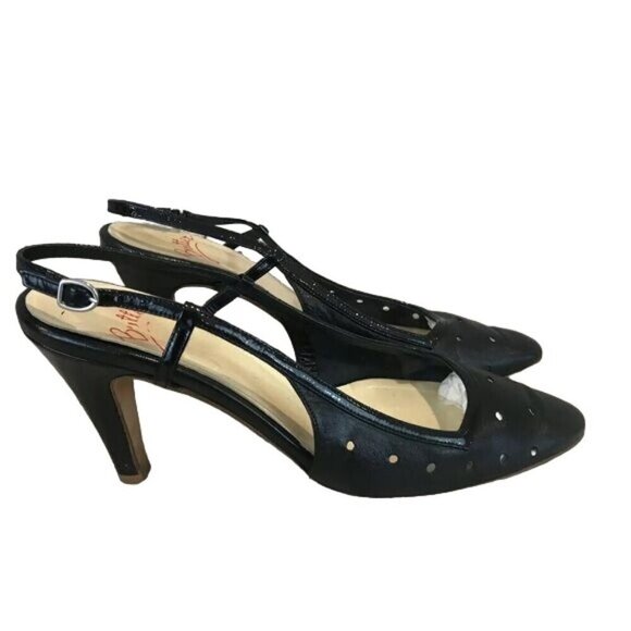 Butter Size 7 Black Leather Perforated Slingback Heels Shoes Almond Toe - Picture 4 of 8